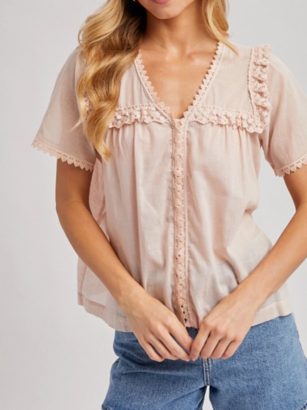 114. LOVESOFT Button Down Lace Trimmed V-Neck Blouse